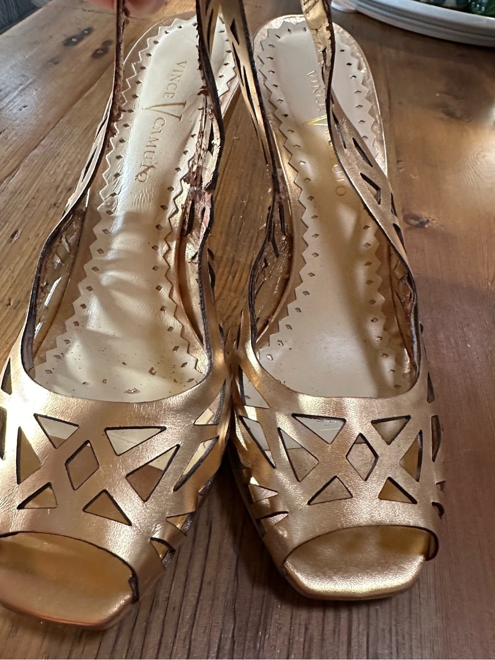 Vince Camuto Metallic Gold Laser-Cut Peep-Toe Slingbacks